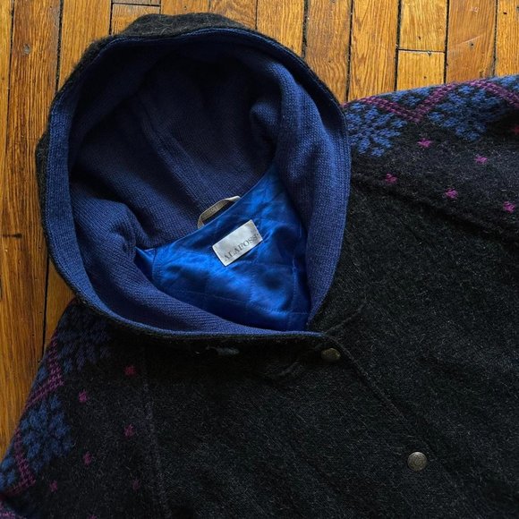 Vintage 80s Alafoss of Iceland Men Black Blue Purple 100% Wool Hooded Coat. - Picture 3 of 7